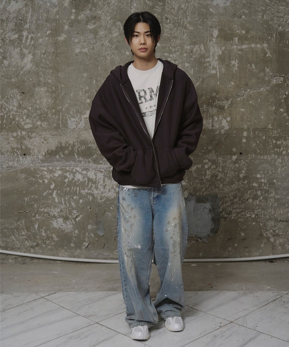 에르에르(ERER) Men Oversized Sweat Hoodie Zip-Up Brown