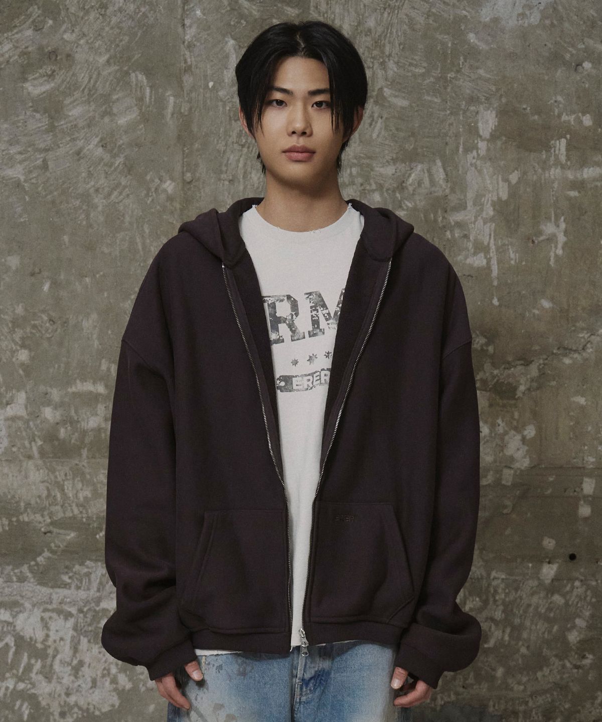 에르에르(ERER) Men Oversized Sweat Hoodie Zip-Up Brown