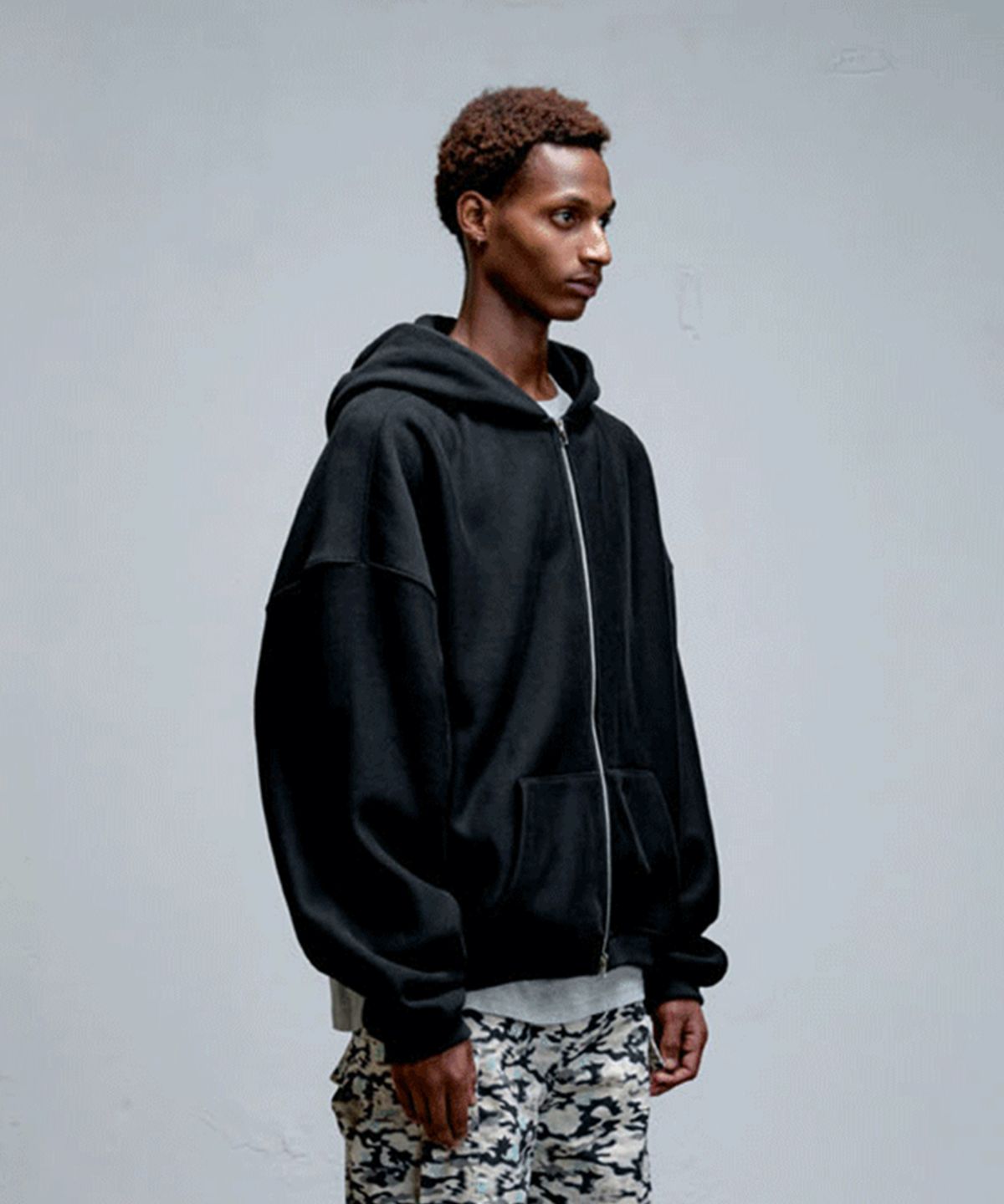 에르에르(ERER) Men Oversized Sweat Hoodie Zip-Up Black
