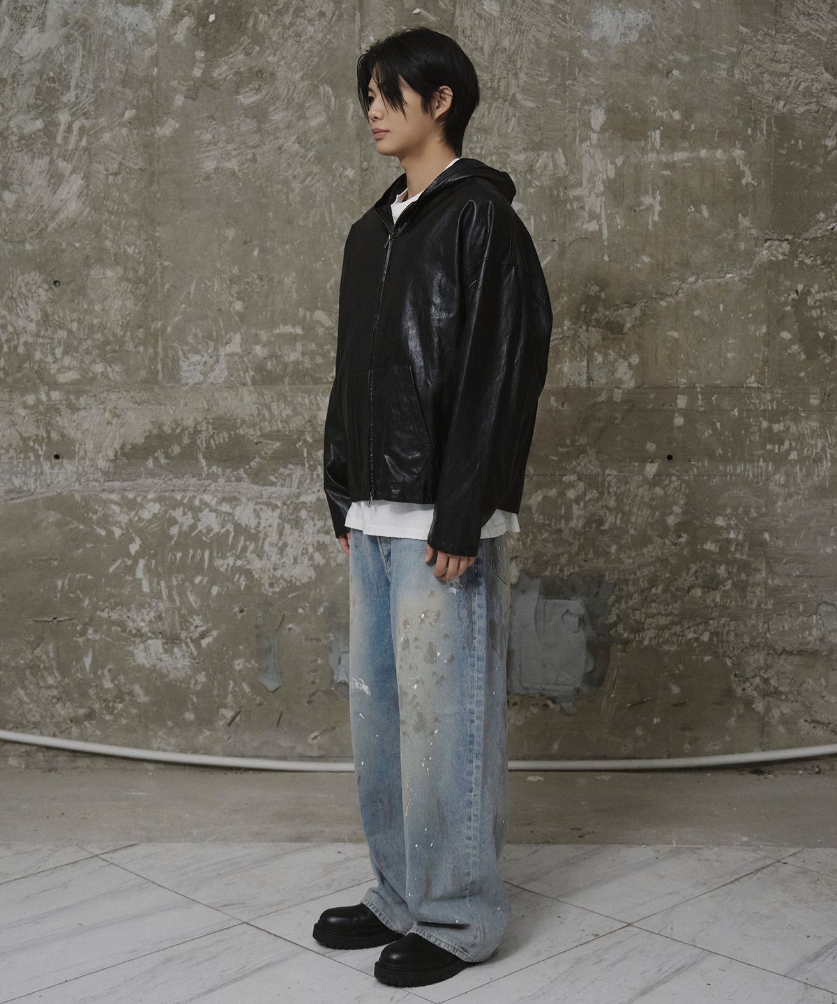 에르에르(ERER) Men Oversized Leather Hoodie Jumper Black