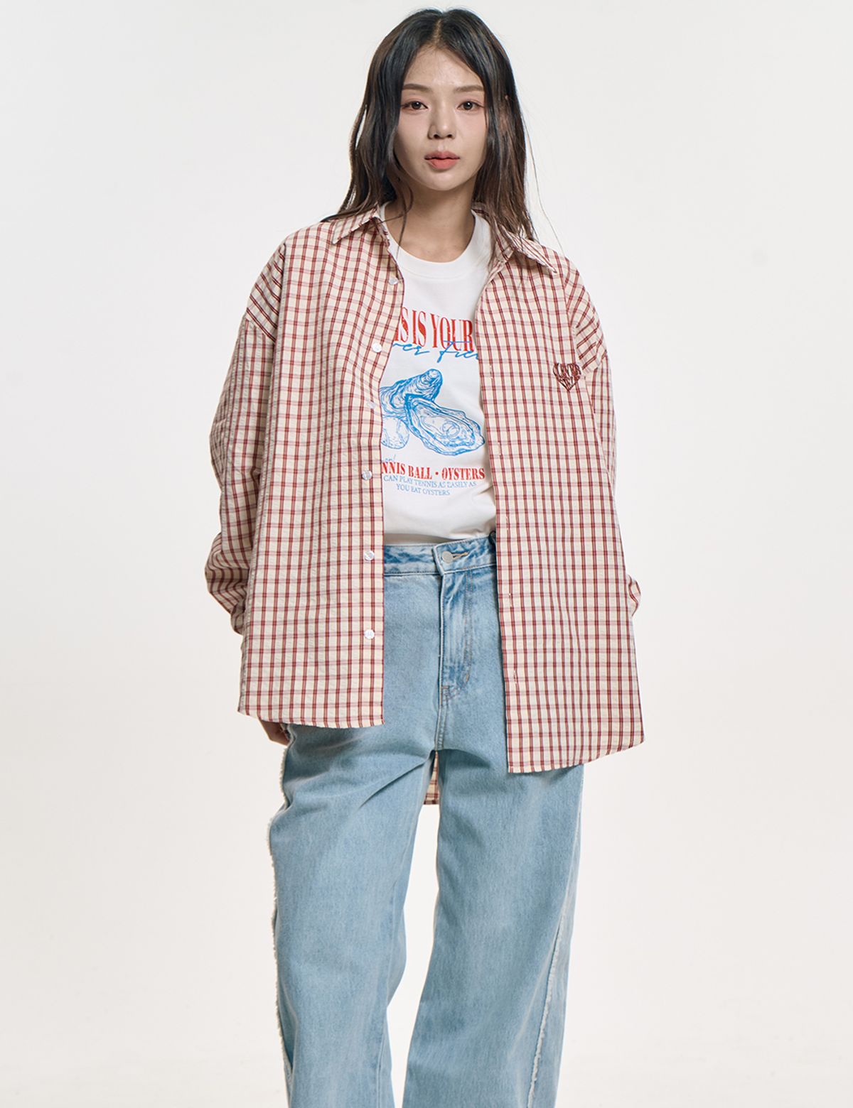 클레버필드(CLEVER FIELD) 오버핏 체크 엠보 클래식 셔츠_레드