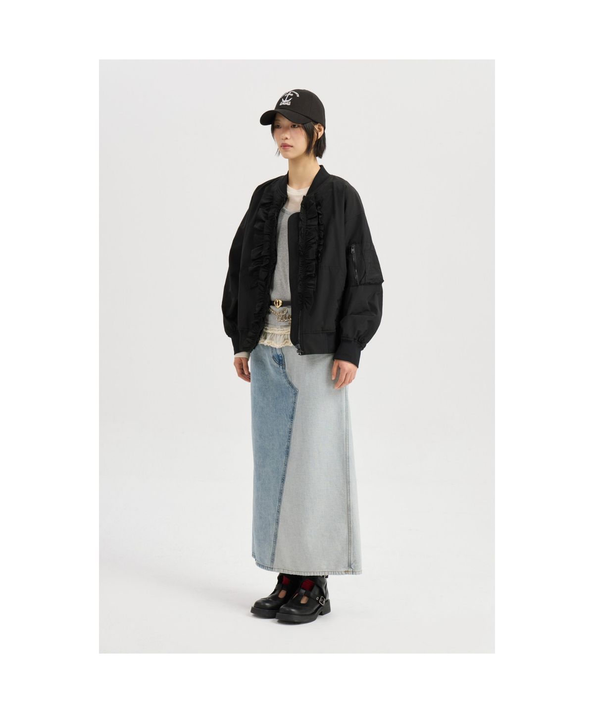 럭키슈에뜨(LUCKY CHOUETTE) Back Banding Color Block Long Denim Skirt (blue) LFPDM25320BUX