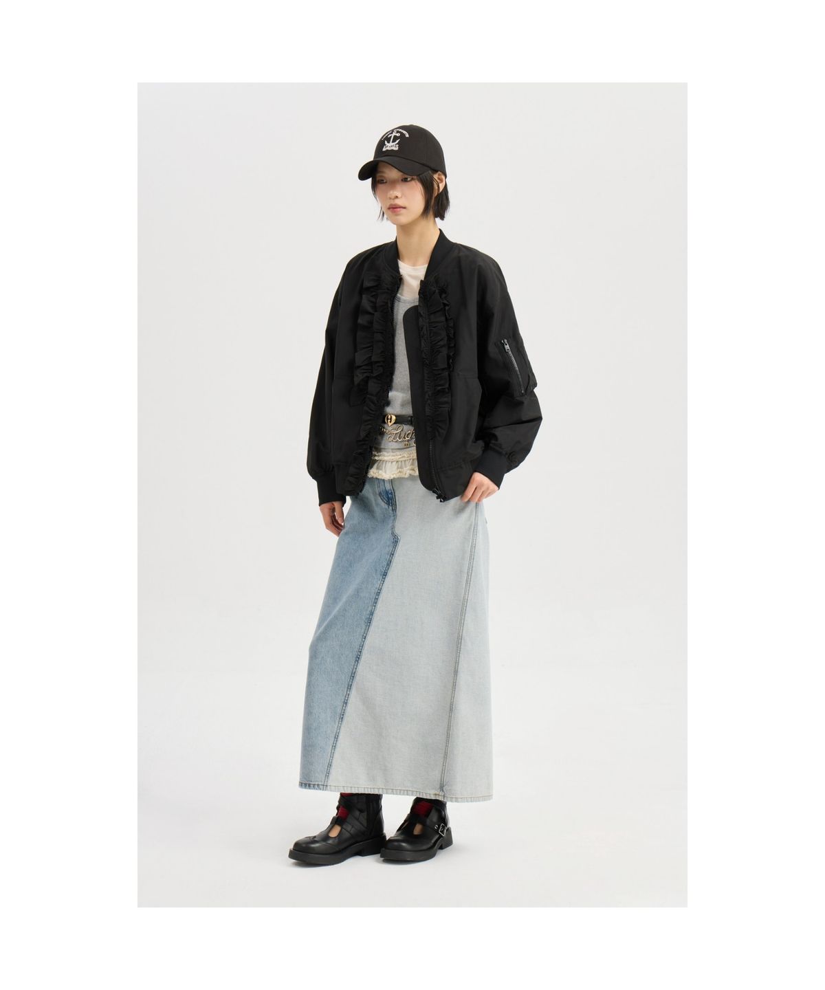 럭키슈에뜨(LUCKY CHOUETTE) Back Banding Color Block Long Denim Skirt (blue) LFPDM25320BUX