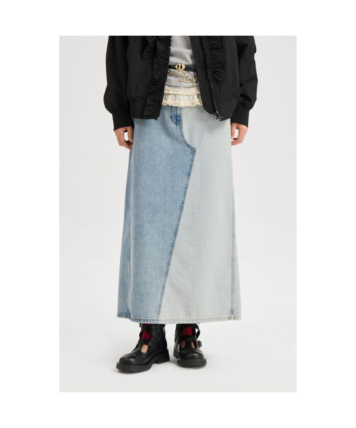 럭키슈에뜨(LUCKY CHOUETTE) Back Banding Color Block Long Denim Skirt (blue) LFPDM25320BUX