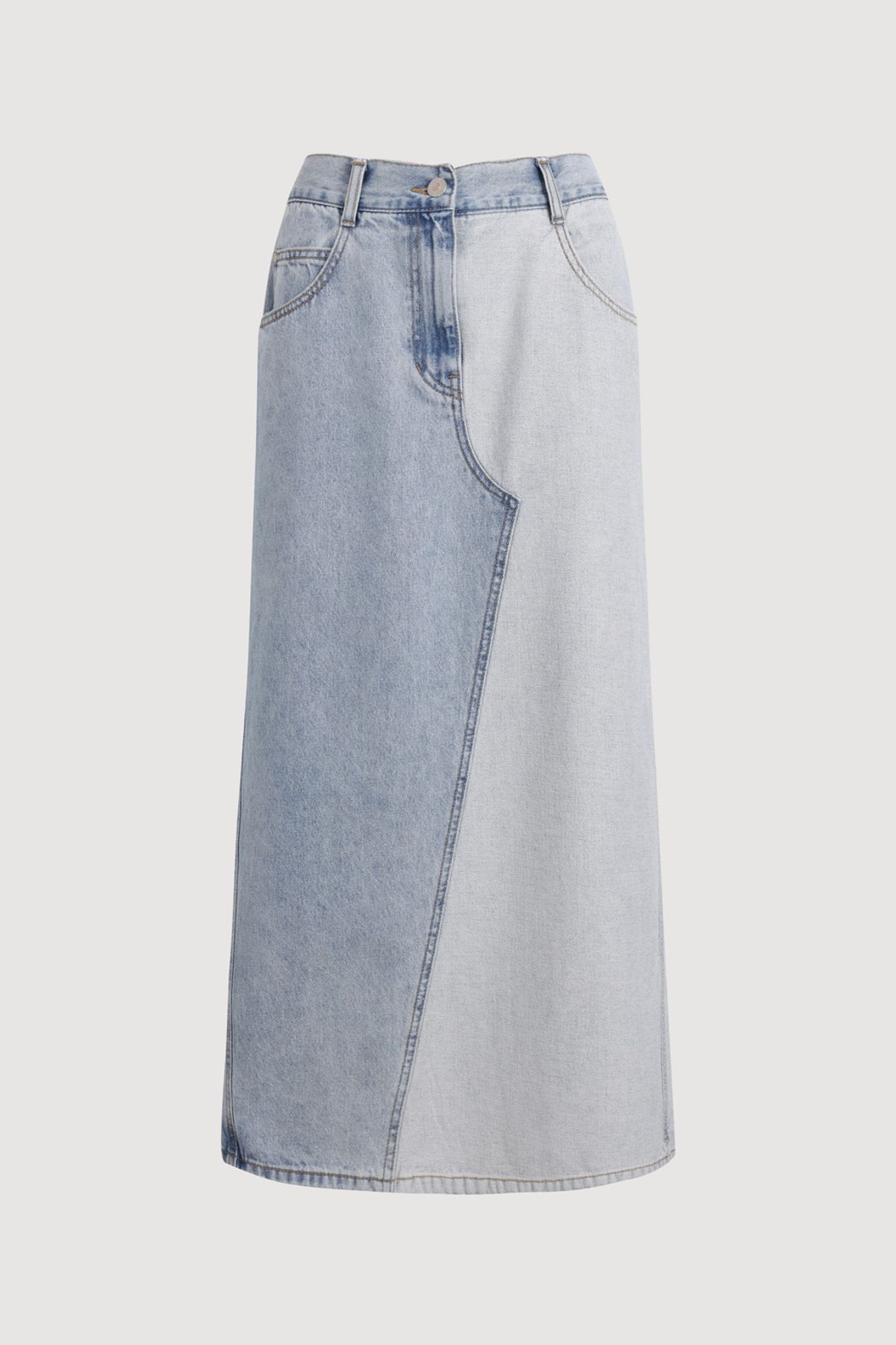 럭키슈에뜨(LUCKY CHOUETTE) Back Banding Color Block Long Denim Skirt (blue) LFPDM25320BUX