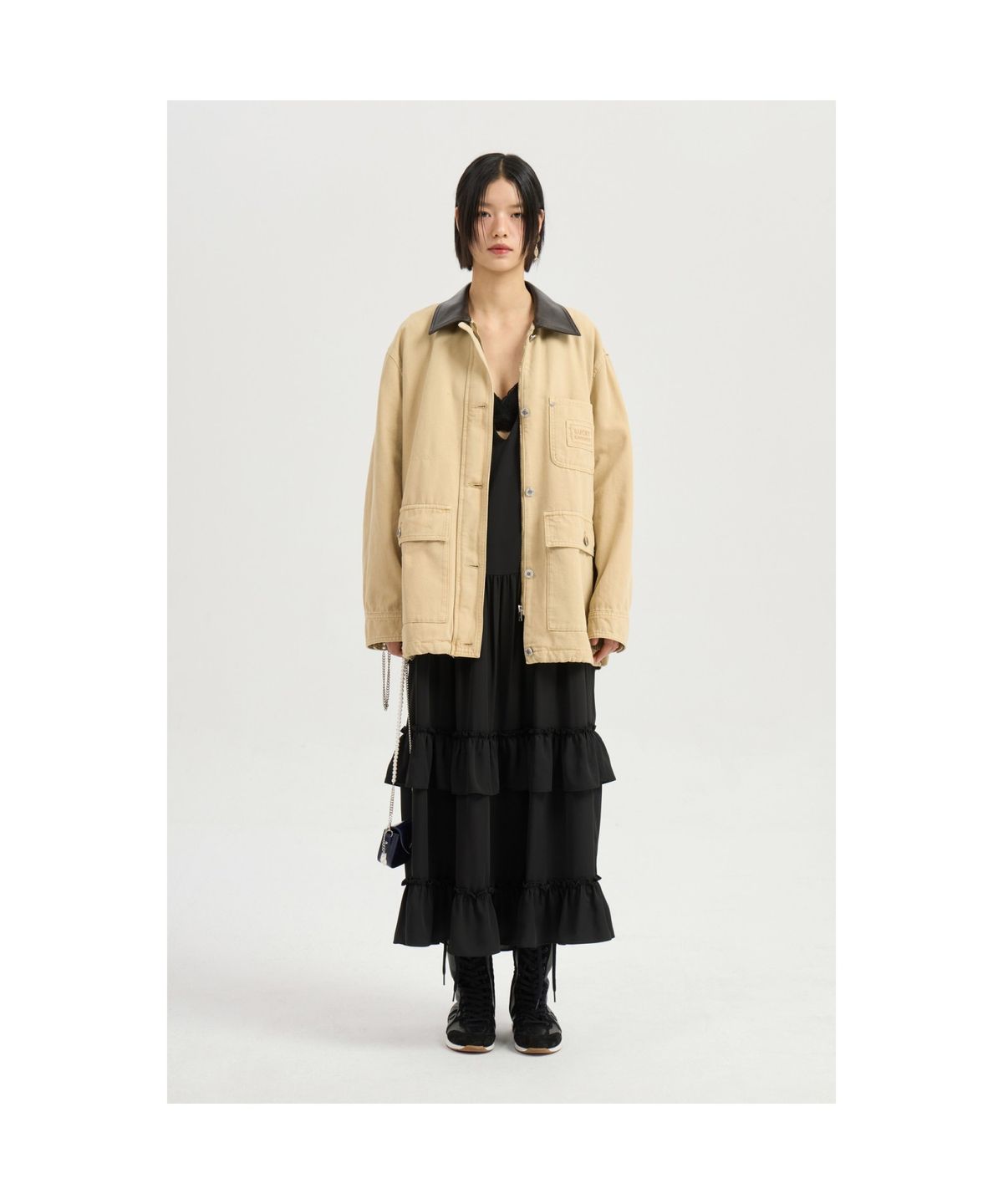 럭키슈에뜨(LUCKY CHOUETTE) V Neck Layered Poly Dress (black) LFDAM25330BKX