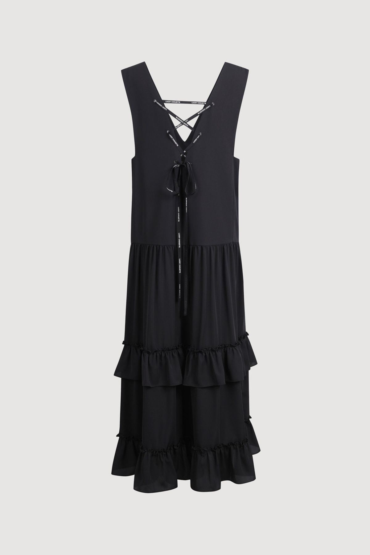 럭키슈에뜨(LUCKY CHOUETTE) V Neck Layered Poly Dress (black) LFDAM25330BKX