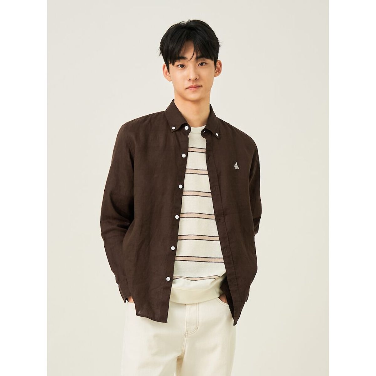 빈폴 멘(BEANPOLE MEN) 남녀공용 리넨 솔리드 셔츠  브라운