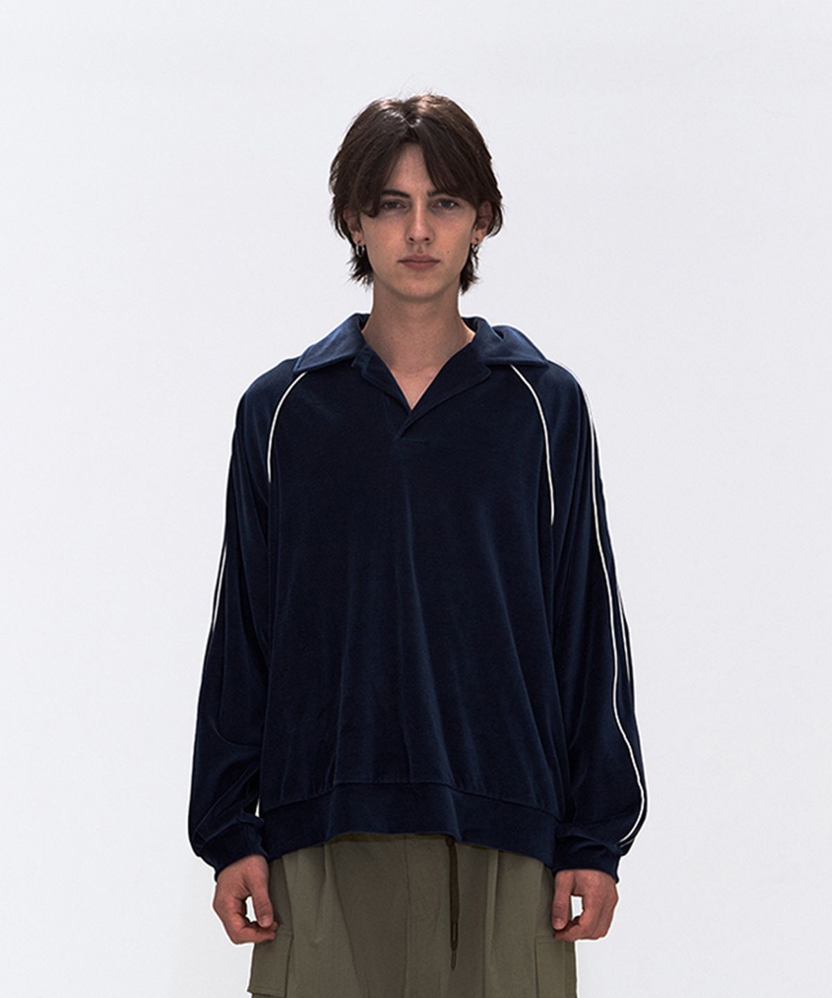 에르에르(ERER) Man Velour Piped Collar Tee Navy