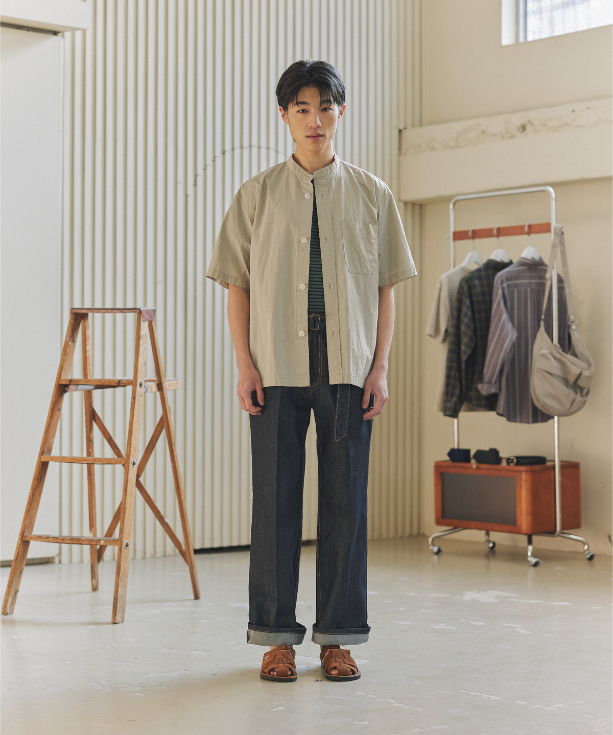 넌블랭크(NONBLANK) 차이나 칼라 워싱 셔츠_BEIGE