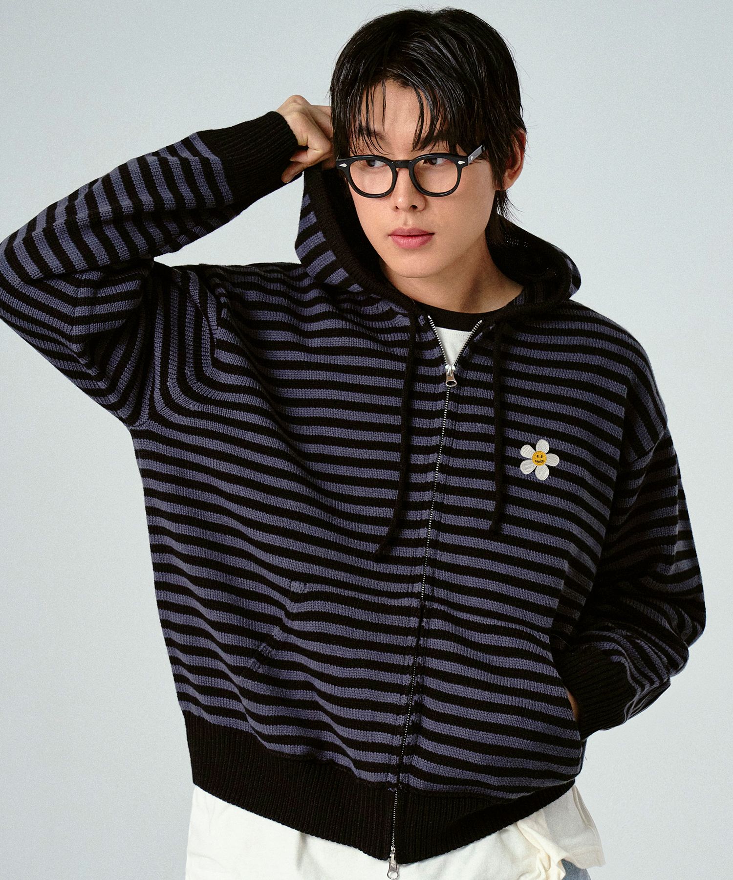 [GRAVER]★FLOWER DOT EMBROIDERY HOODED ZIP-UP UNISEX] Flower Dot Embroidery Knit Stripe Hooded Zip-up