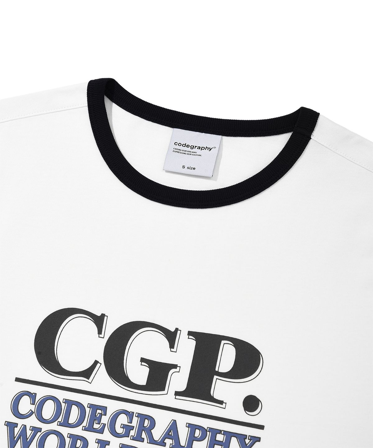 코드그라피(CGP) (우먼) 스퀘어 로고 링거 반소매 티셔츠_화이트