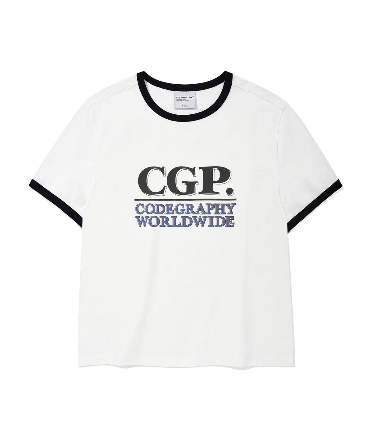 코드그라피(CGP) (우먼) 스퀘어 로고 링거 반소매 티셔츠_화이트