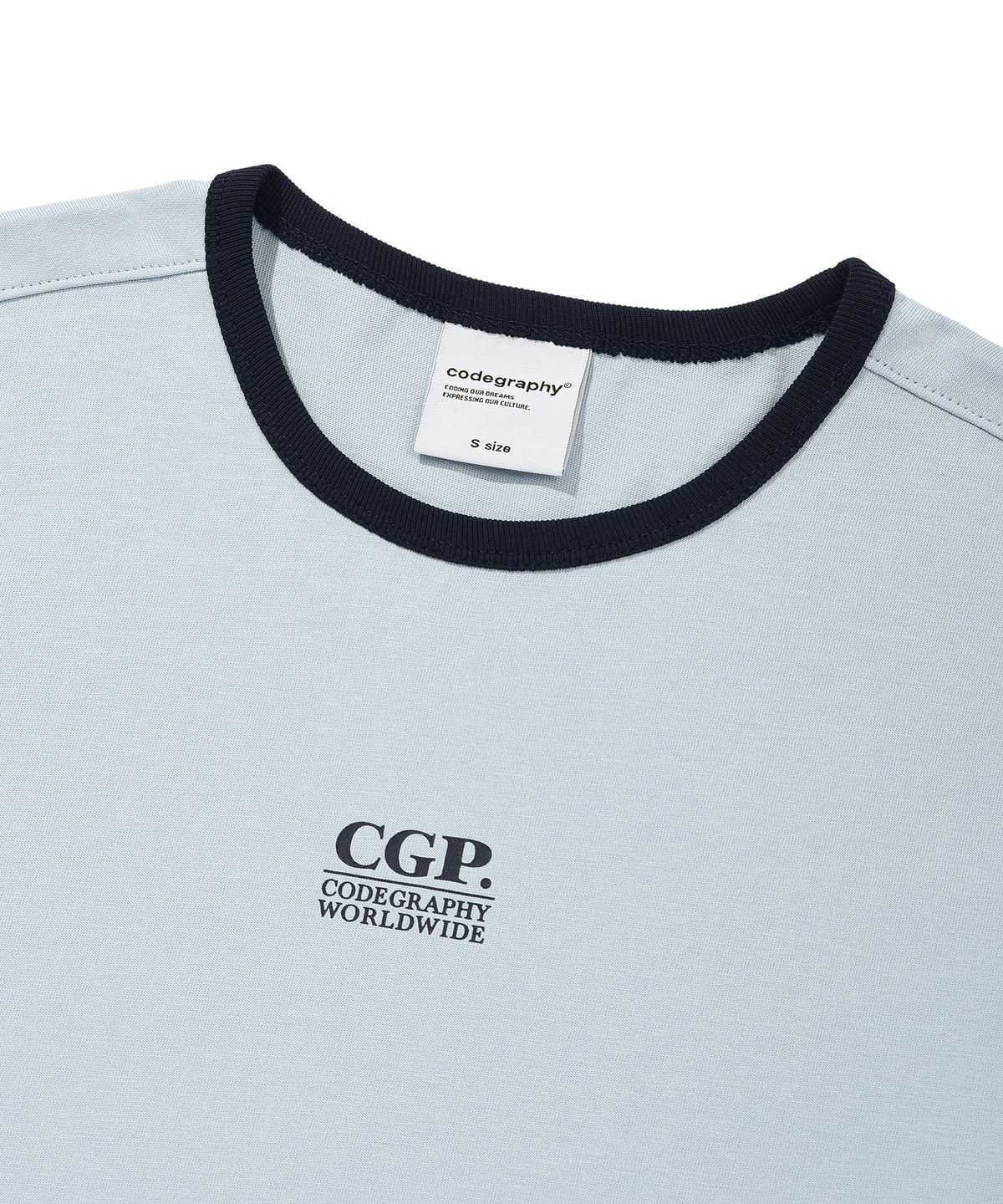 코드그라피(CGP) (우먼) 스몰 스퀘어 로고 링거 반소매 티셔츠_스카이블루