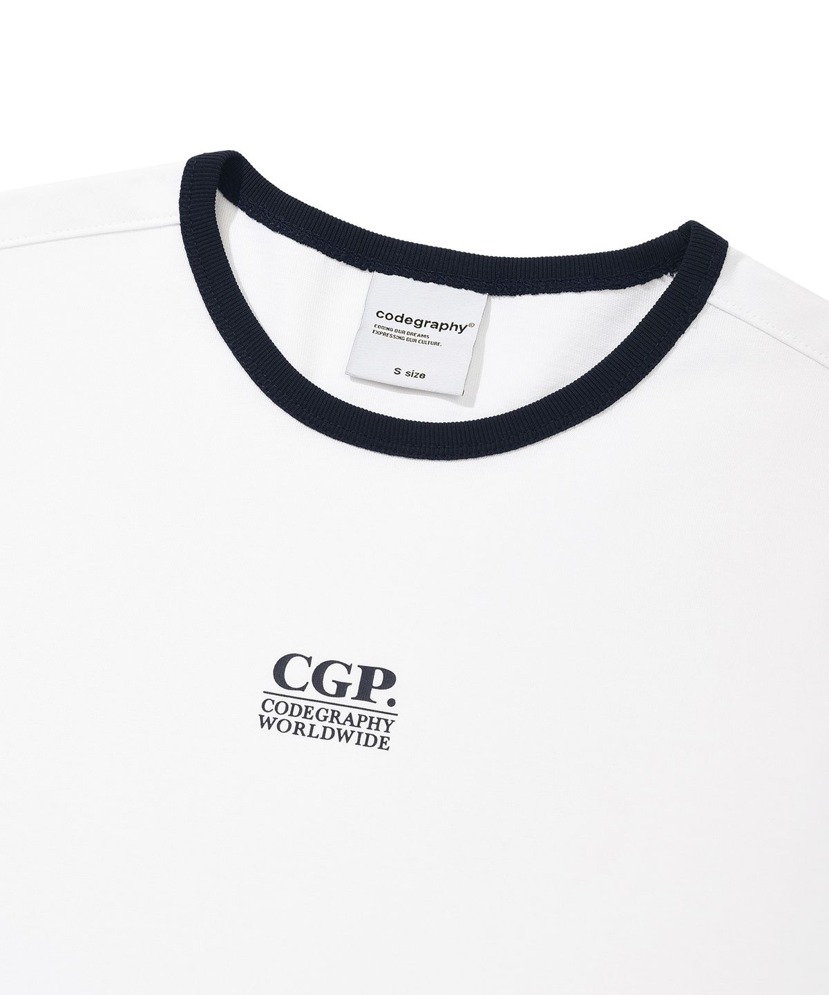 코드그라피(CGP) (우먼) 스몰 스퀘어 로고 링거 반소매 티셔츠_화이트