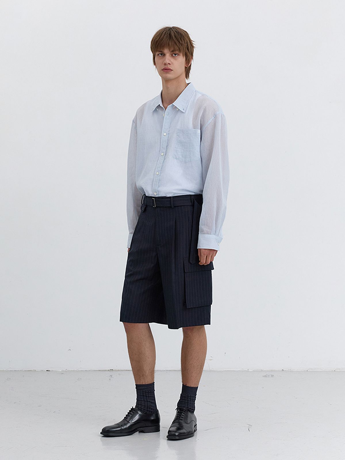 던스트 포 맨(DUNST FOR MEN) BELTED MULTIPOCKET BERMUDA SHORTS_UDPA5B325_NAVY STRIPE