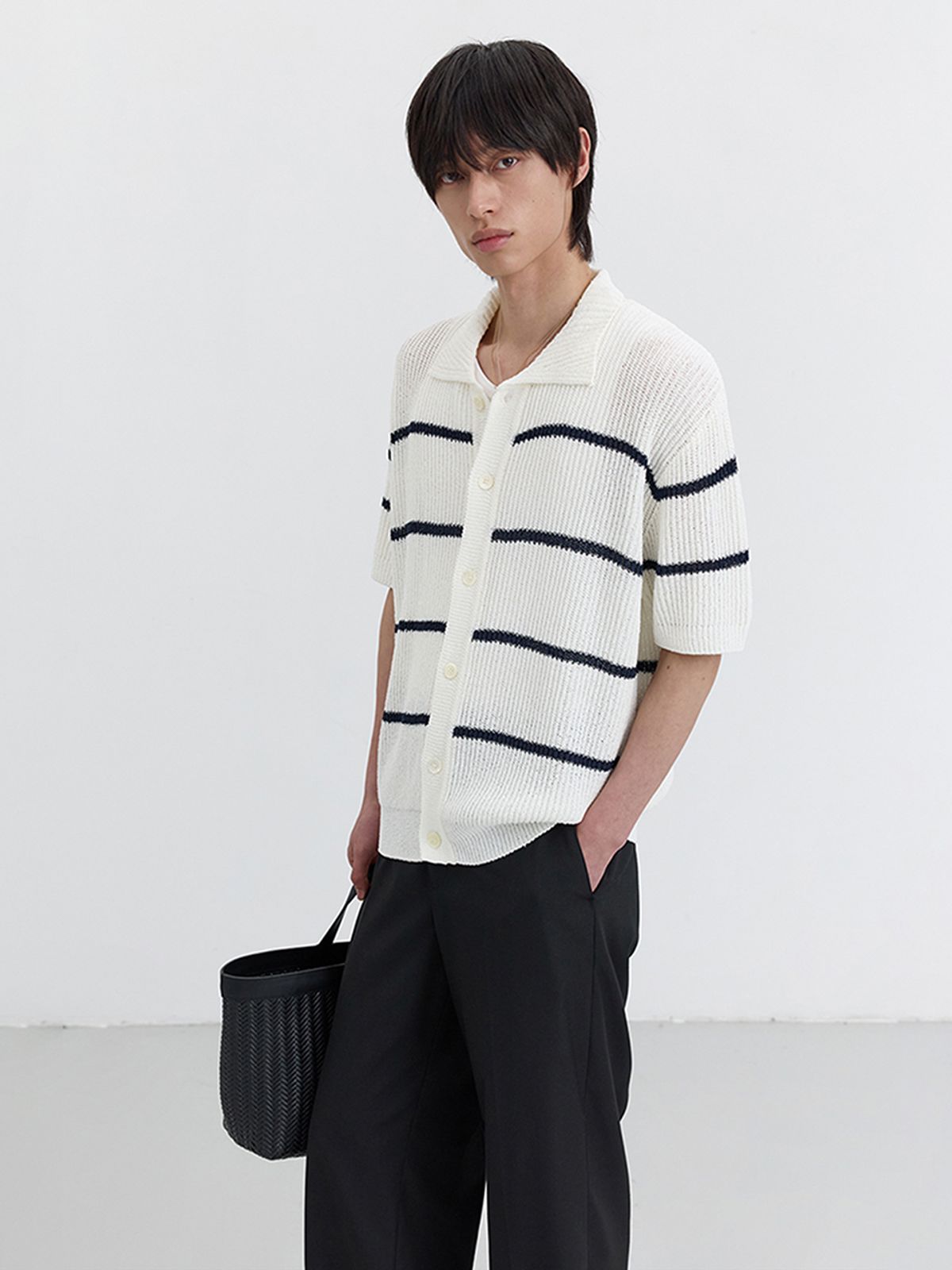 던스트 포 맨(DUNST FOR MEN) SHAKER STITCH COLLARED CARDIGAN_UDSW5B321_OFF WHITE / NAVY