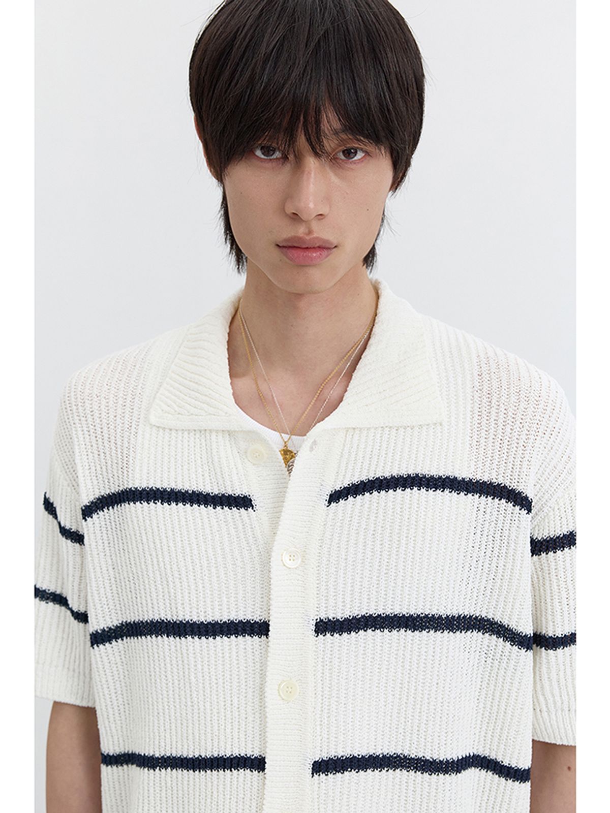 던스트 포 맨(DUNST FOR MEN) SHAKER STITCH COLLARED CARDIGAN_UDSW5B321_OFF WHITE / NAVY