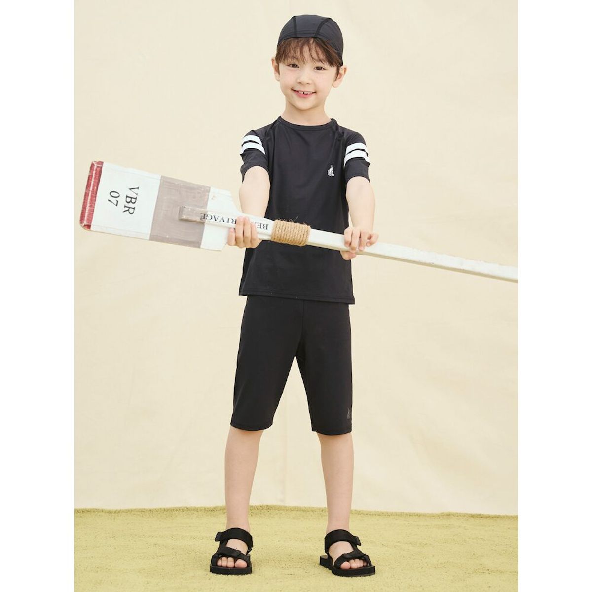 빈폴 키즈(BEANPOLE KIDS) 라글란 반팔 래시가드&반바지&수영모 3 SET  블랙 (BI5342U105)