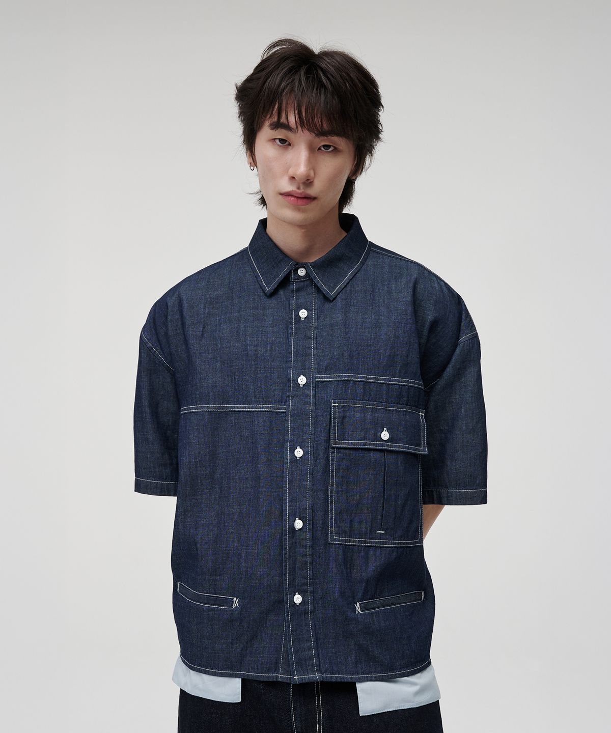 케이지엠(KZM) 오버핏 데님 반팔 셔츠