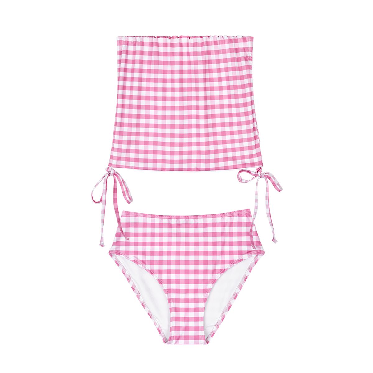 네이키드서프클럽(NAKED SURF CLUB) [SET] 체크 리본 튜브 탑/스커트 + 하이브리프 (Pink)