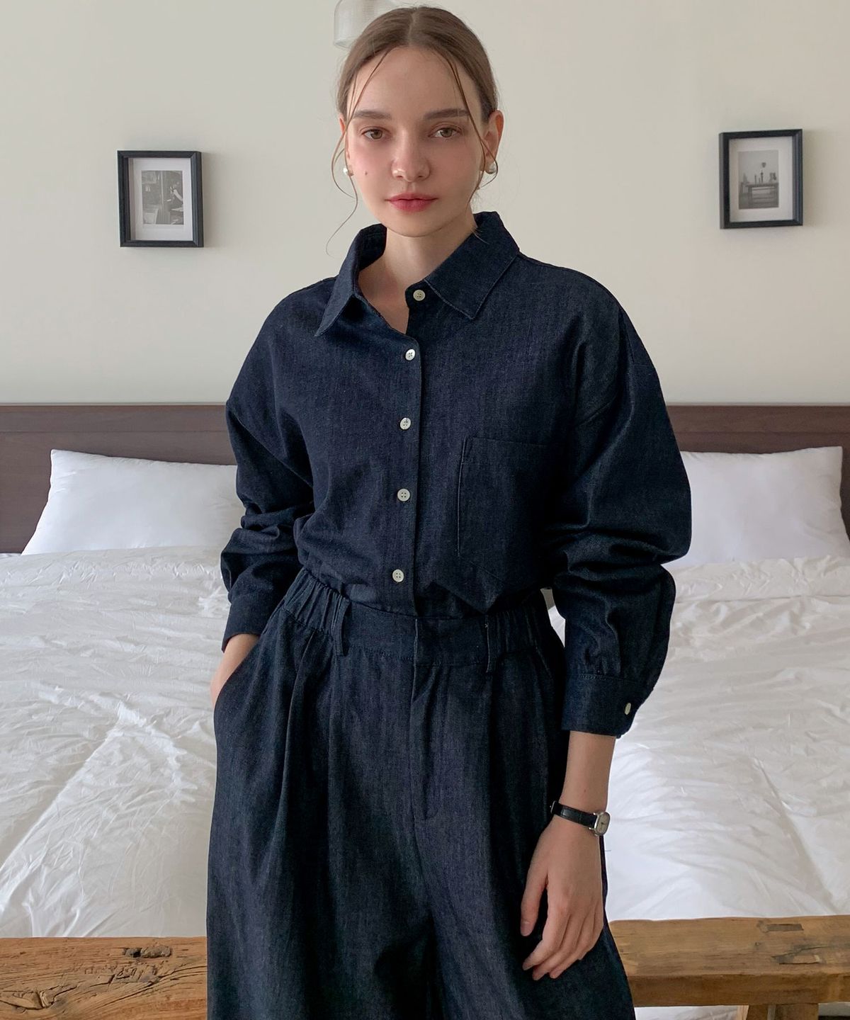 바스카라(VASCARA) [SET] Loose Fit Shirt+Wide Banded Pants Denim Set-up