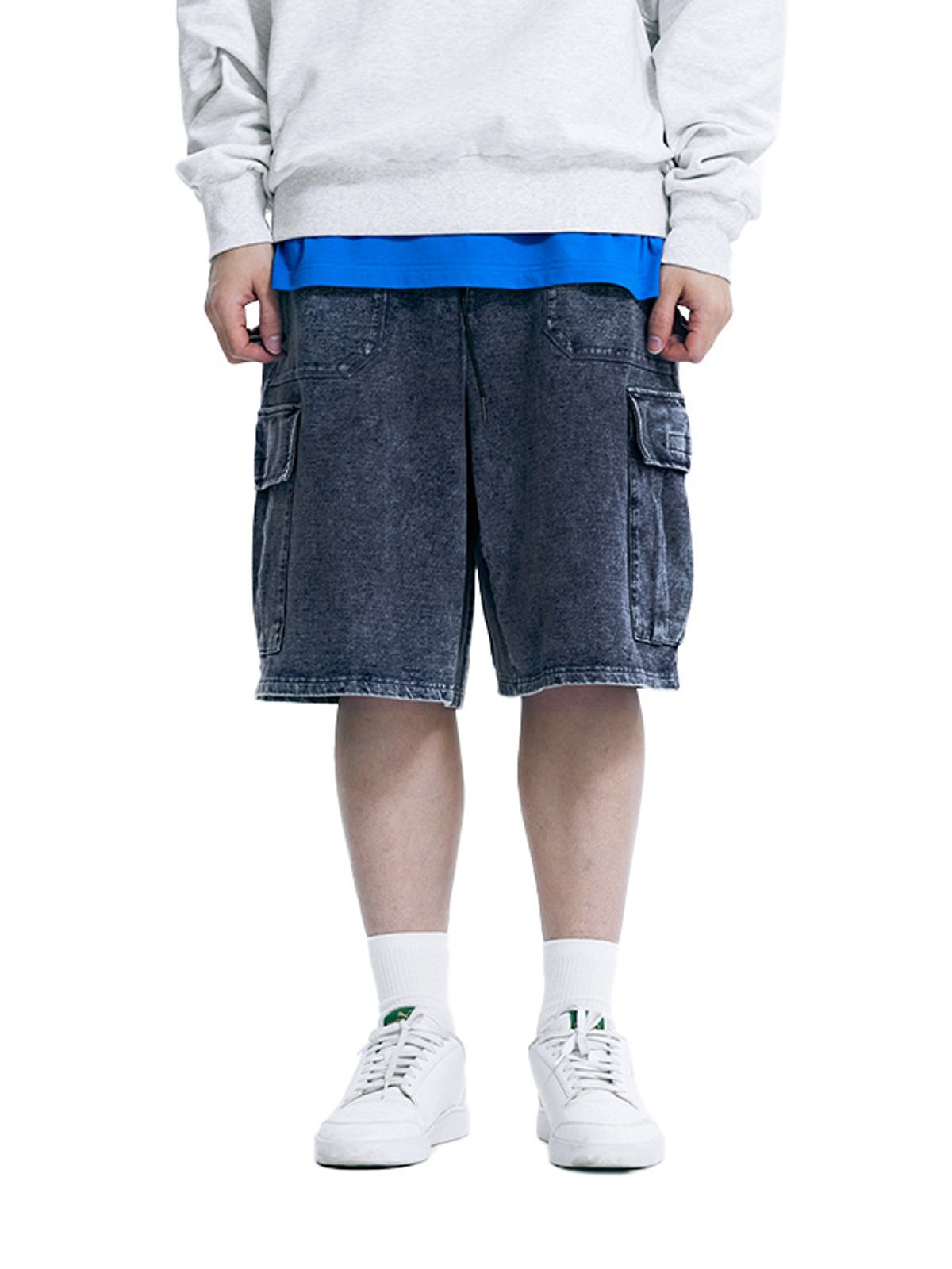 아워포켓츠(OURPOCKETS) 아워포켓츠 카고 포켓 스웻 하프 팬츠(인디고 블루)