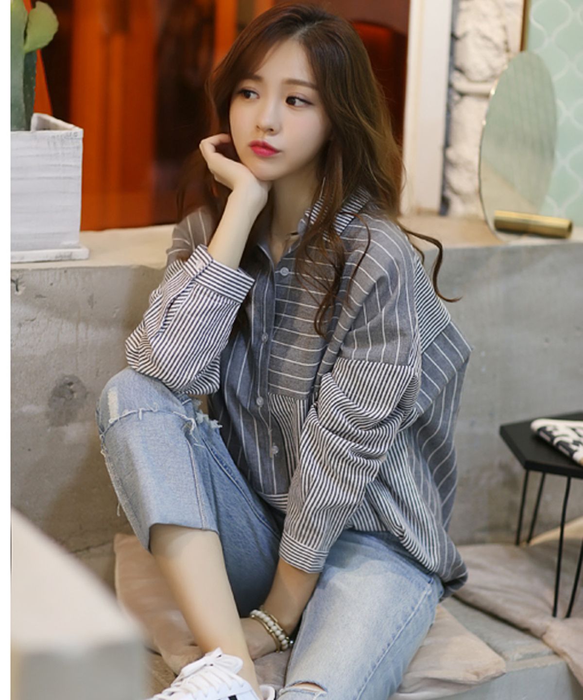 빼빼(BBAEBBAE) 언발란스 배색 스트라이프 셔츠 남방