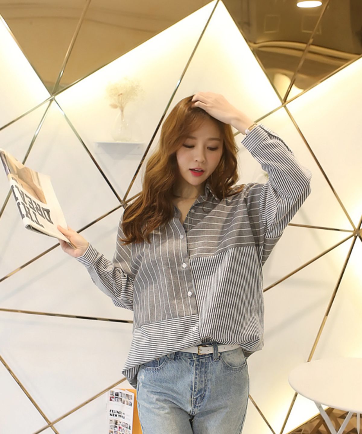 빼빼(BBAEBBAE) 언발란스 배색 스트라이프 셔츠 남방