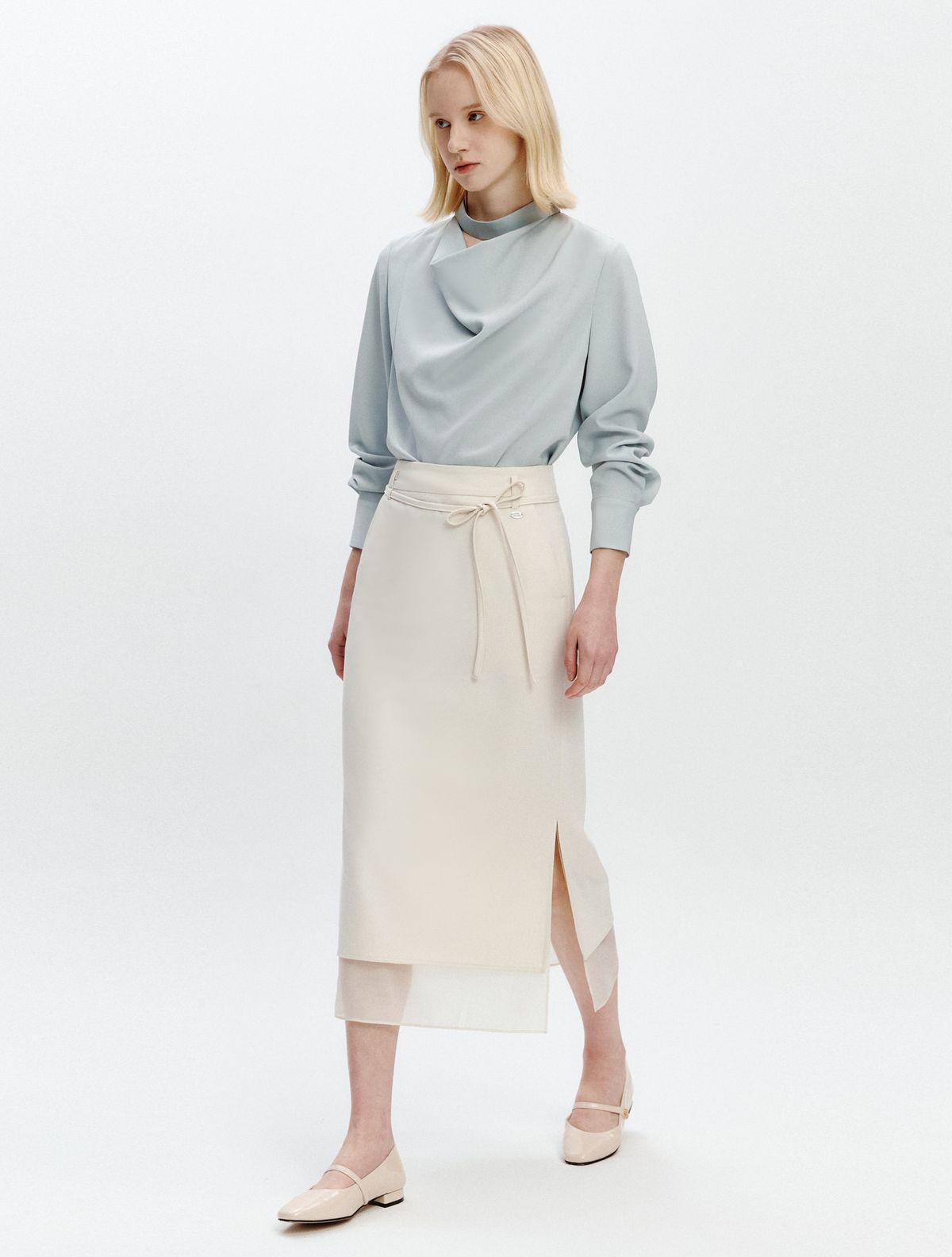 그레이데시온(GRAYDATION) Hole Band Collar Cowl Neck Blouse MINT
