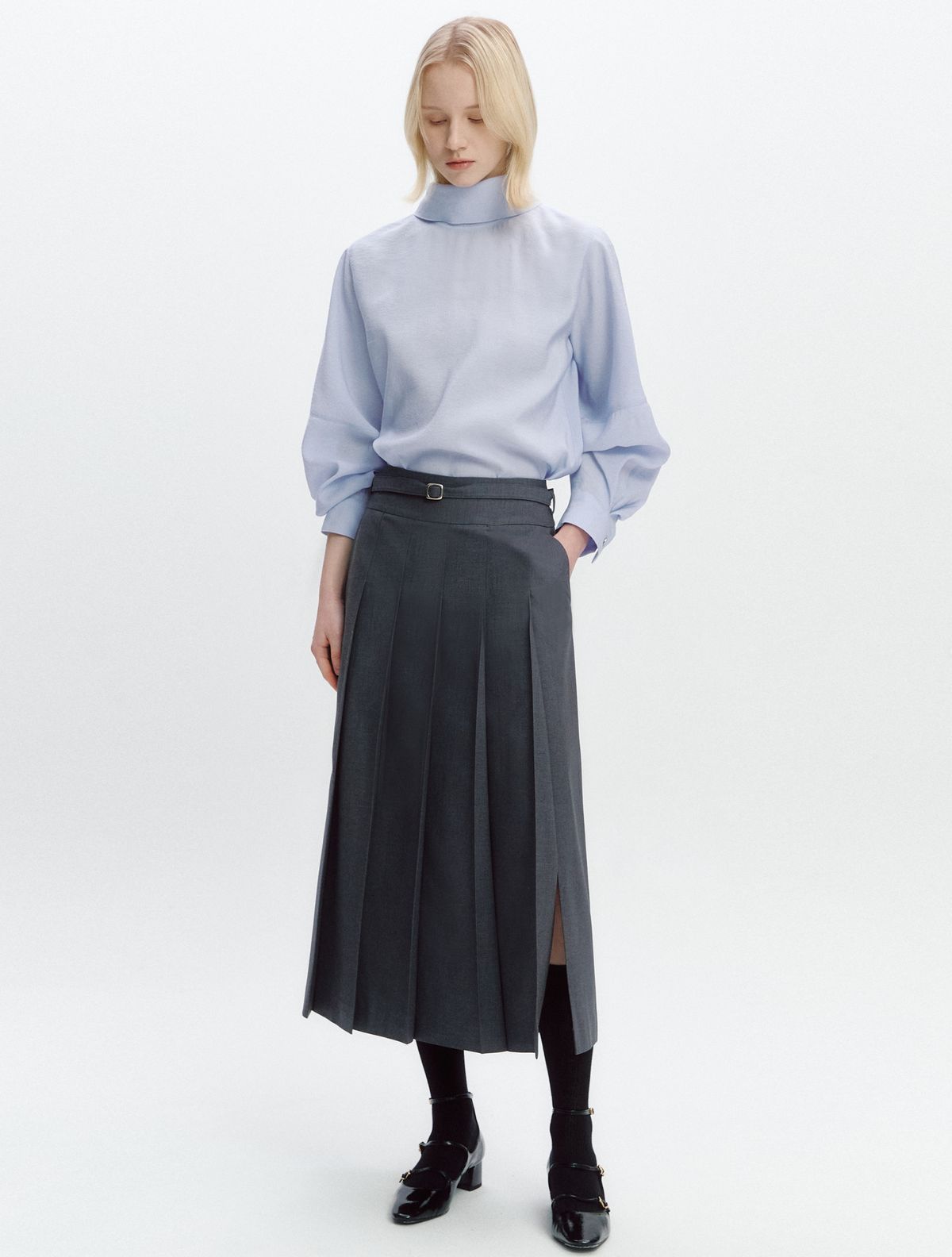 그레이데시온(GRAYDATION) Volume-sleeve Tie Strap Blouse BLUE