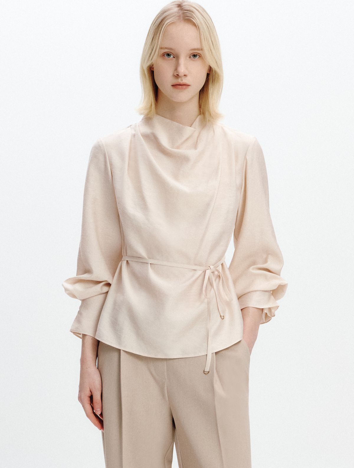 그레이데시온(GRAYDATION) Cowl Neck Strap-decorated Blouse LIGHT BEIGE