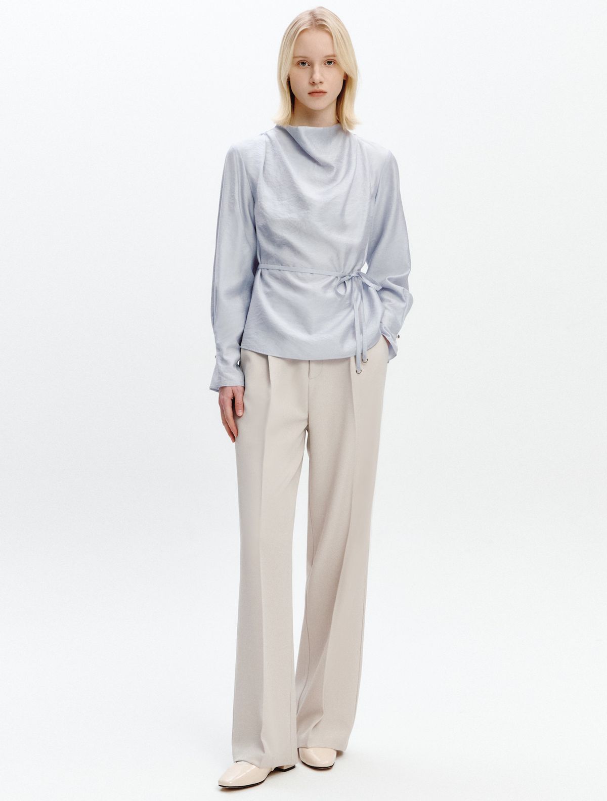 그레이데시온(GRAYDATION) Cowl Neck Strap-decorated Blouse LIGHT BLUE