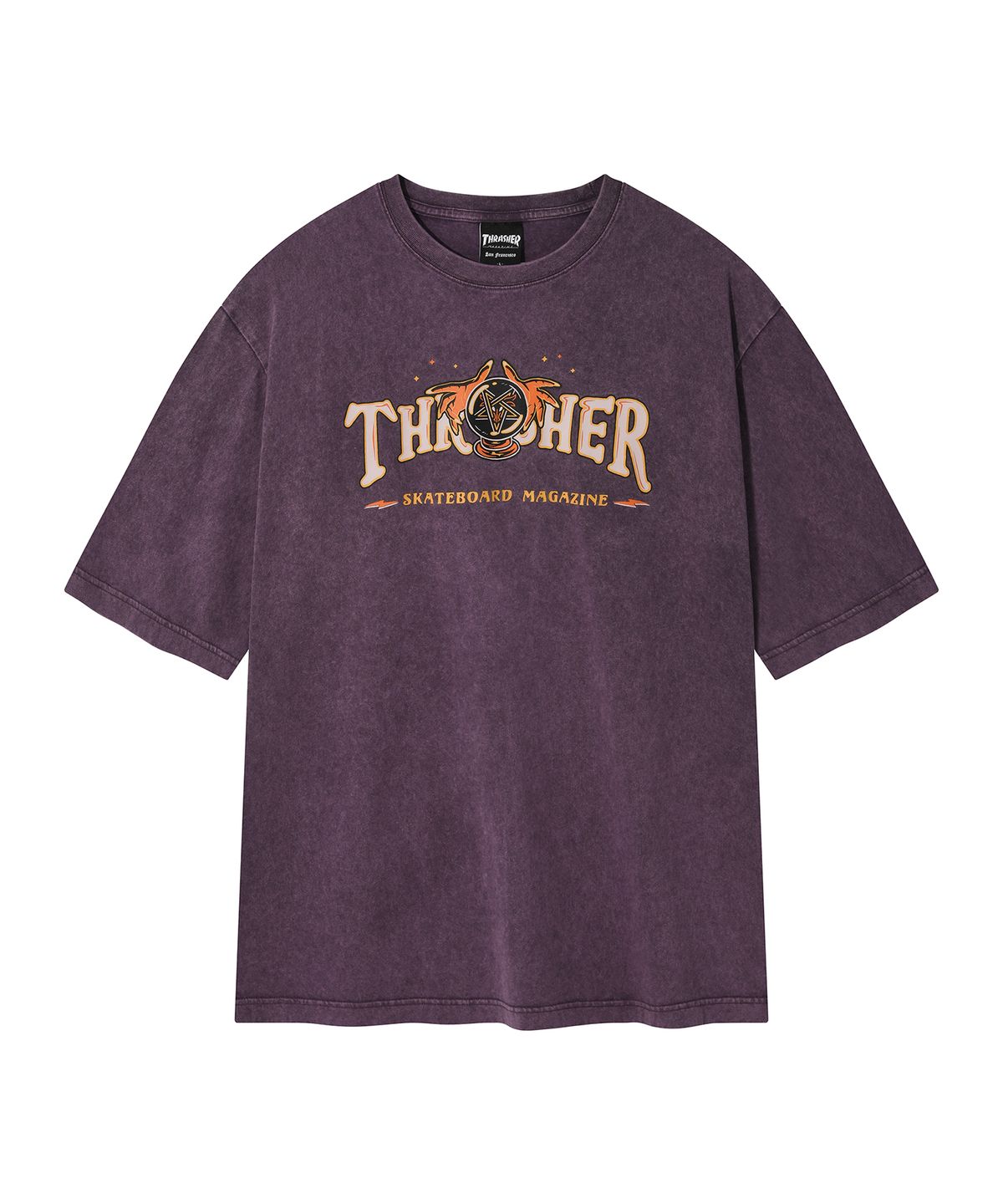 트레셔(THRASHER) 수정구 그래픽 스톤워싱 반팔 티셔츠 퍼플