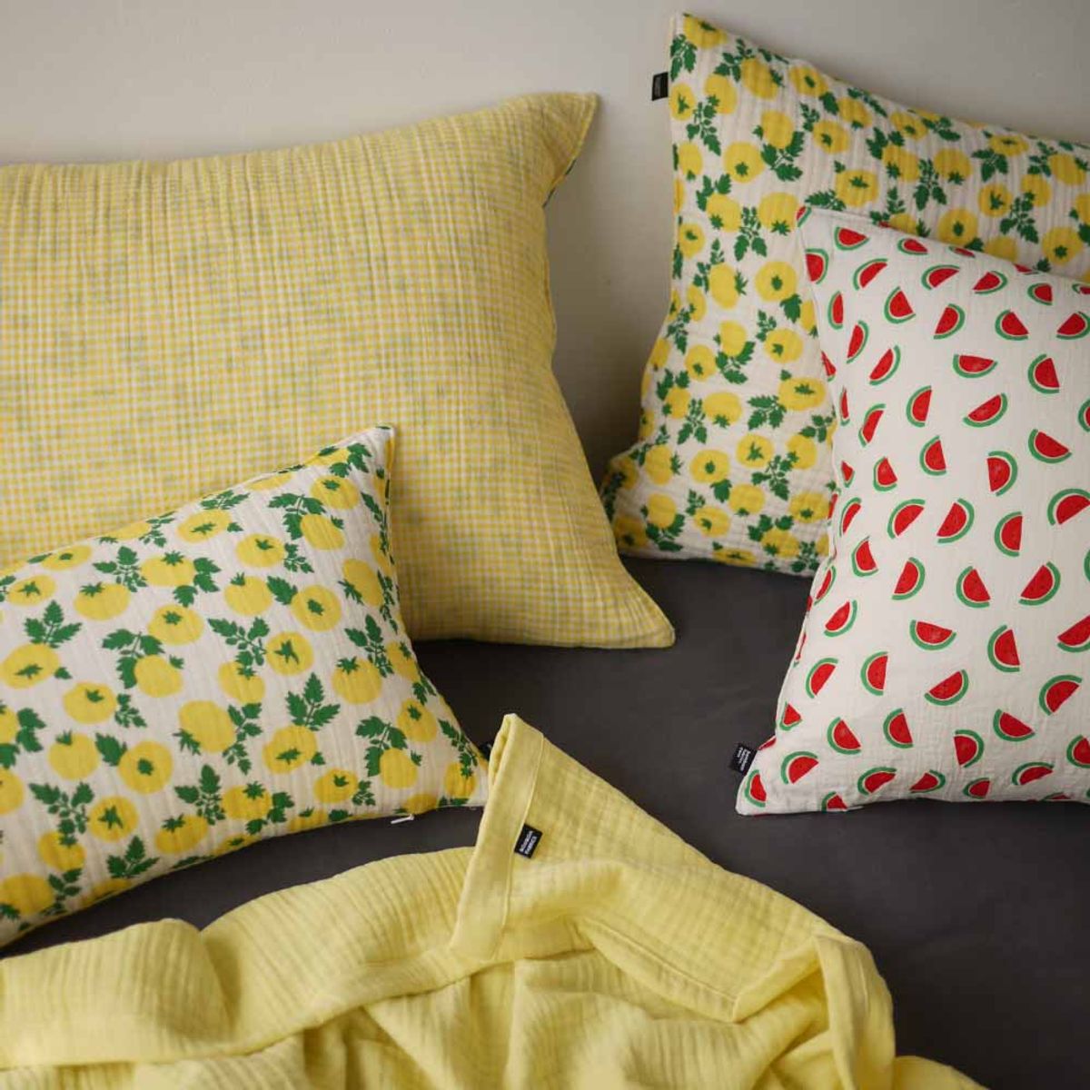 봄봄패브릭스(BOMBOM FABRICS) yellow tomato+yellow check gauze pillow case (3size), 거즈베개