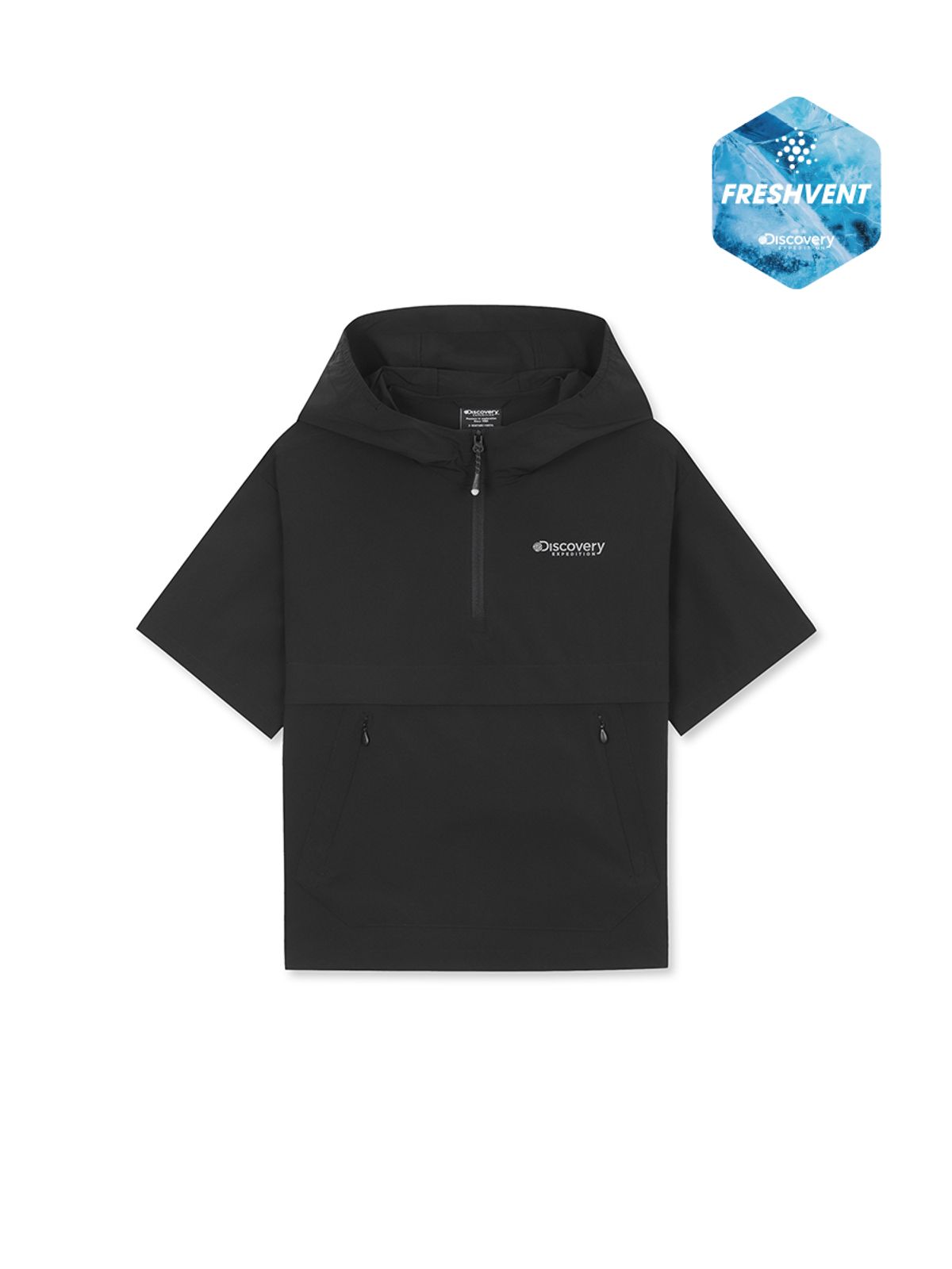 디스커버리 키즈(DISCOVERY KIDS) 키즈 프레시벤트 경량 우븐 후드 트레이닝 반팔 아노락 (BLACK)