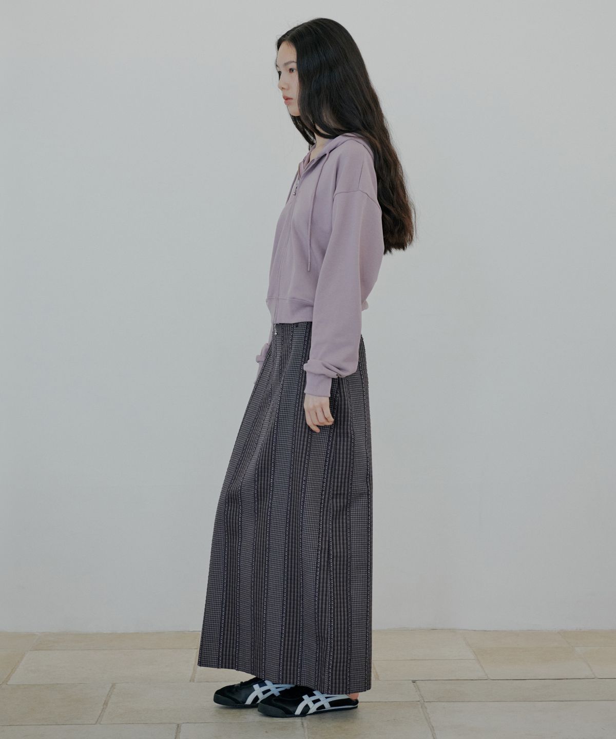 누아클레(NUAKLE) 체크 맥시 스커트_퍼플