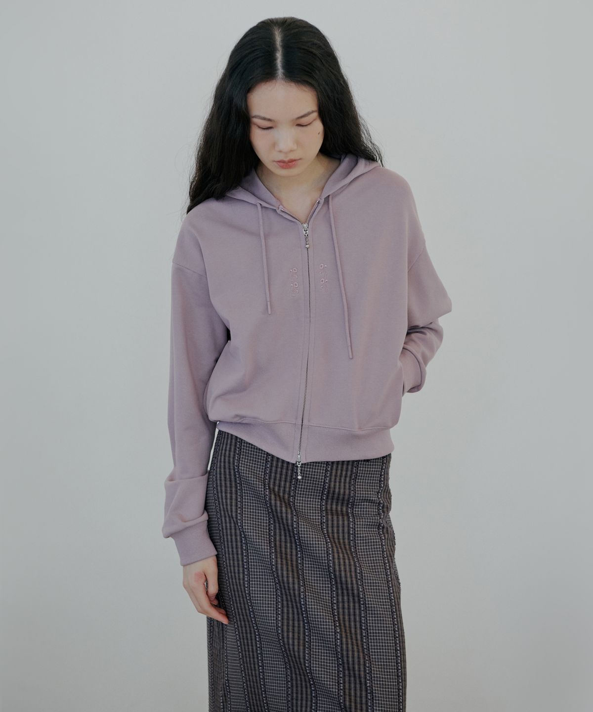 누아클레(NUAKLE) 체크 맥시 스커트_퍼플