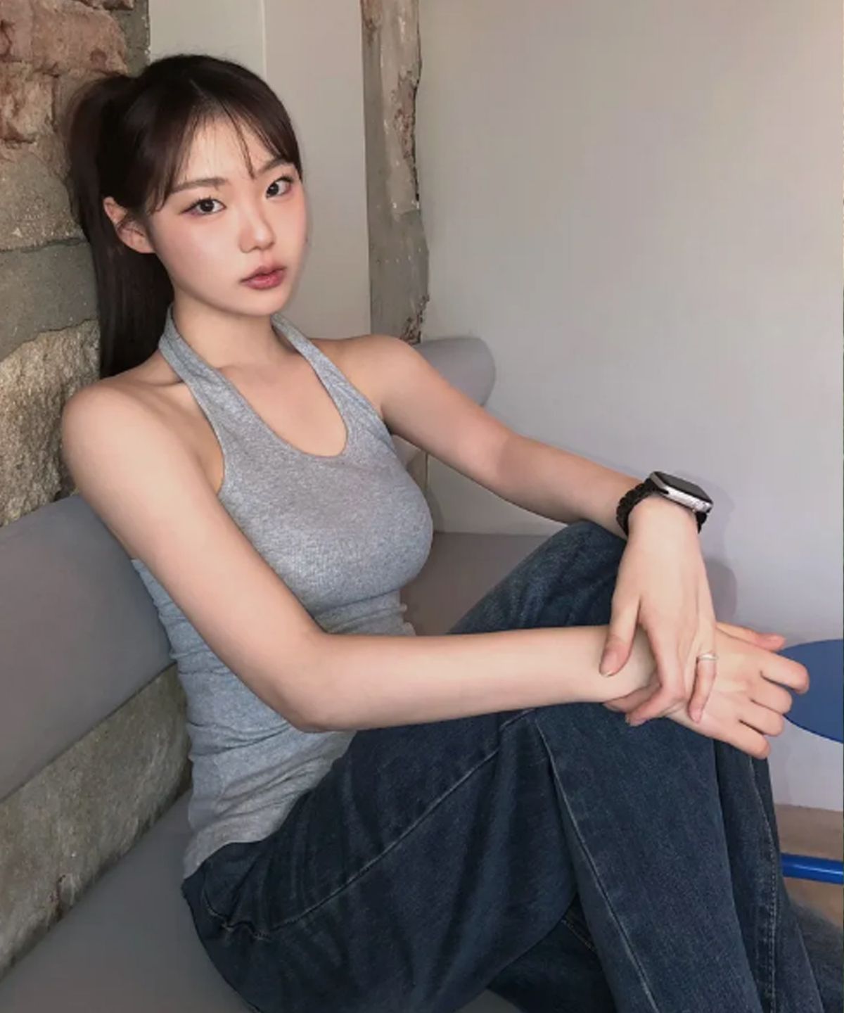 칙스(CHICKS) 스탠다드 골지 홀터넥 멜란지