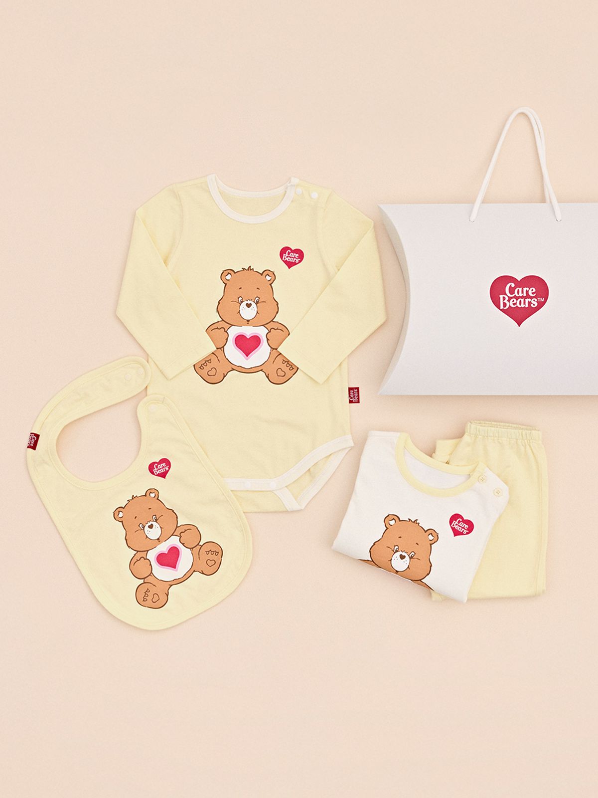 케어베어(CAREBEARS) 출산/백일/돌 오가닉선물3종세트(실내복+바디수트+턱받이)+선물쇼핑백