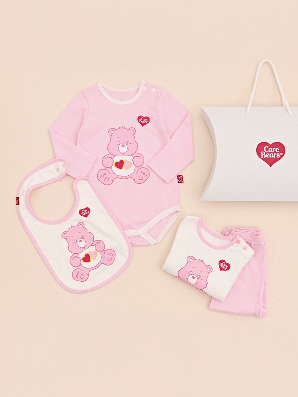 케어베어(CAREBEARS) 출산/백일/돌 오가닉선물3종세트(실내복+바디수트+턱받이)+선물쇼핑백
