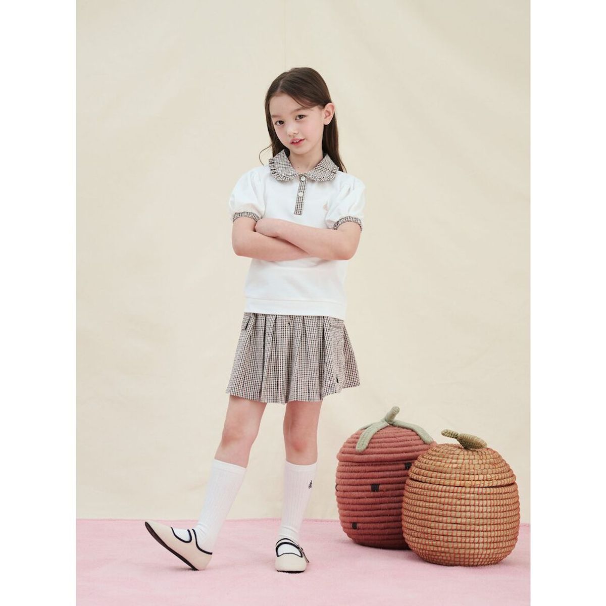 빈폴 키즈(BEANPOLE KIDS) 여아 체크 반팔 칼라 티셔츠  아이보리 (BI5242G040)