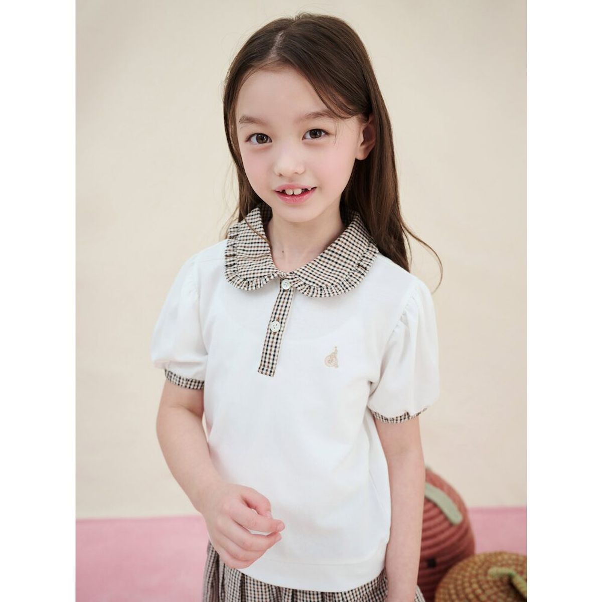 빈폴 키즈(BEANPOLE KIDS) 여아 체크 반팔 칼라 티셔츠  아이보리 (BI5242G040)