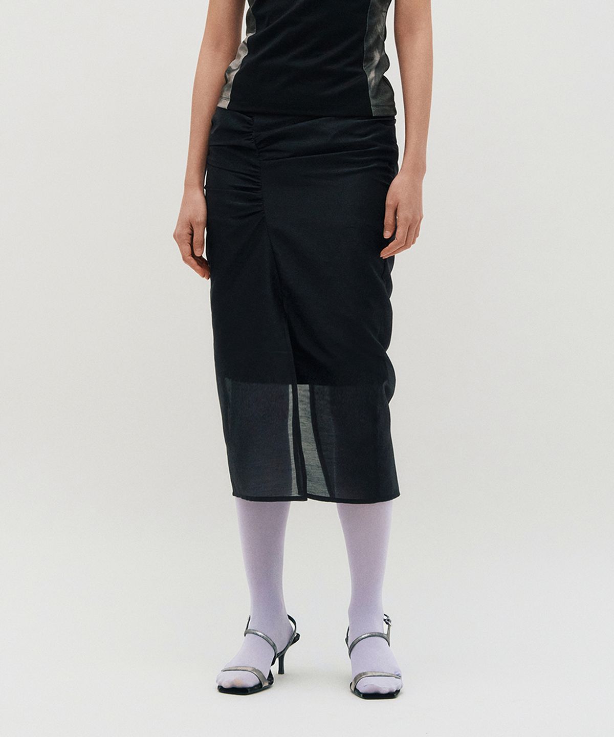 킴지수(KIMZISU) Sheer Shirring Slit Skirt _ BLACK