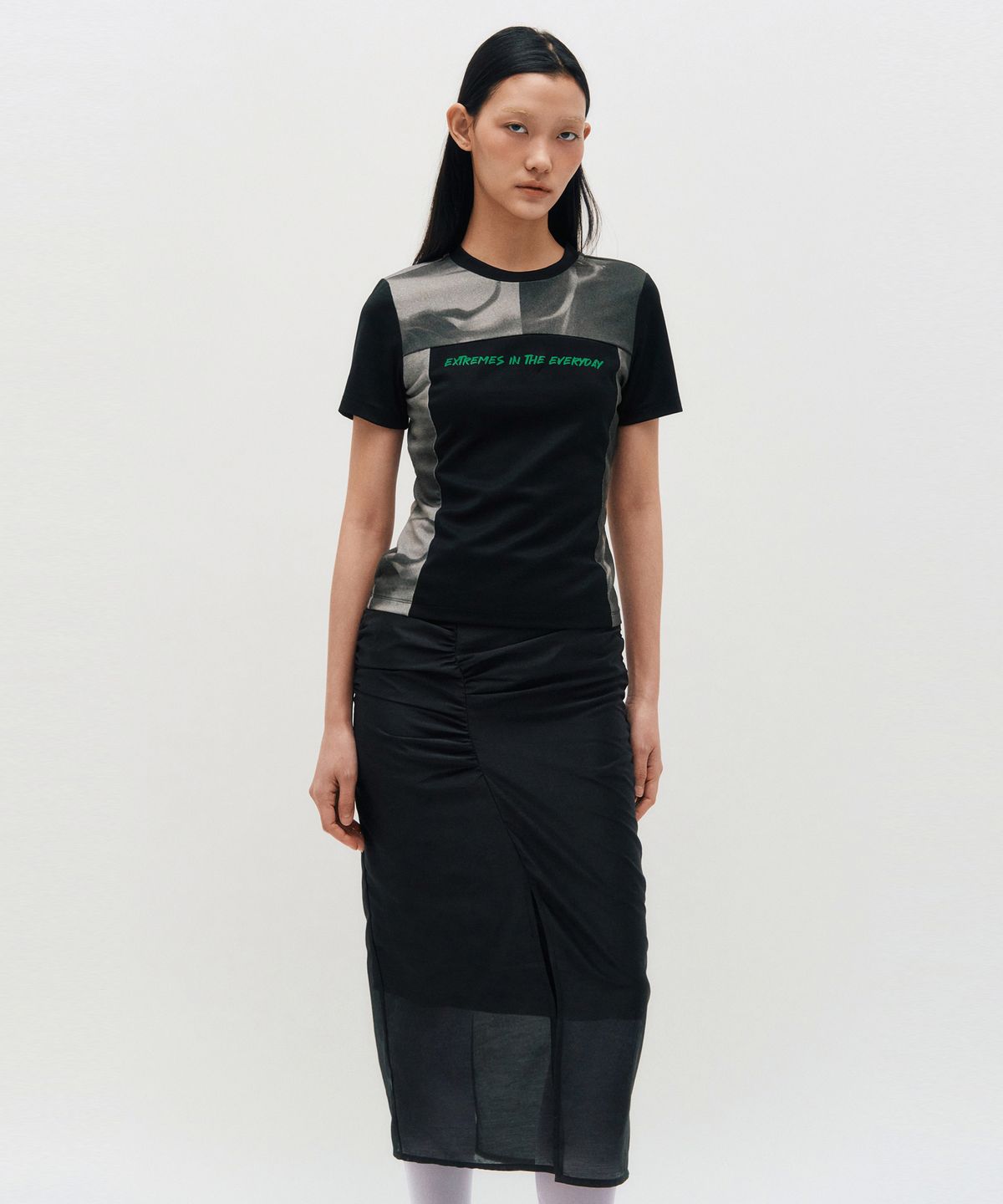 킴지수(KIMZISU) Sheer Shirring Slit Skirt _ BLACK