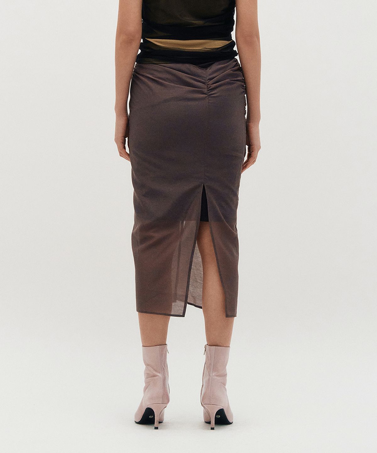킴지수(KIMZISU) Sheer Shirring Slit Skirt _ BROWN
