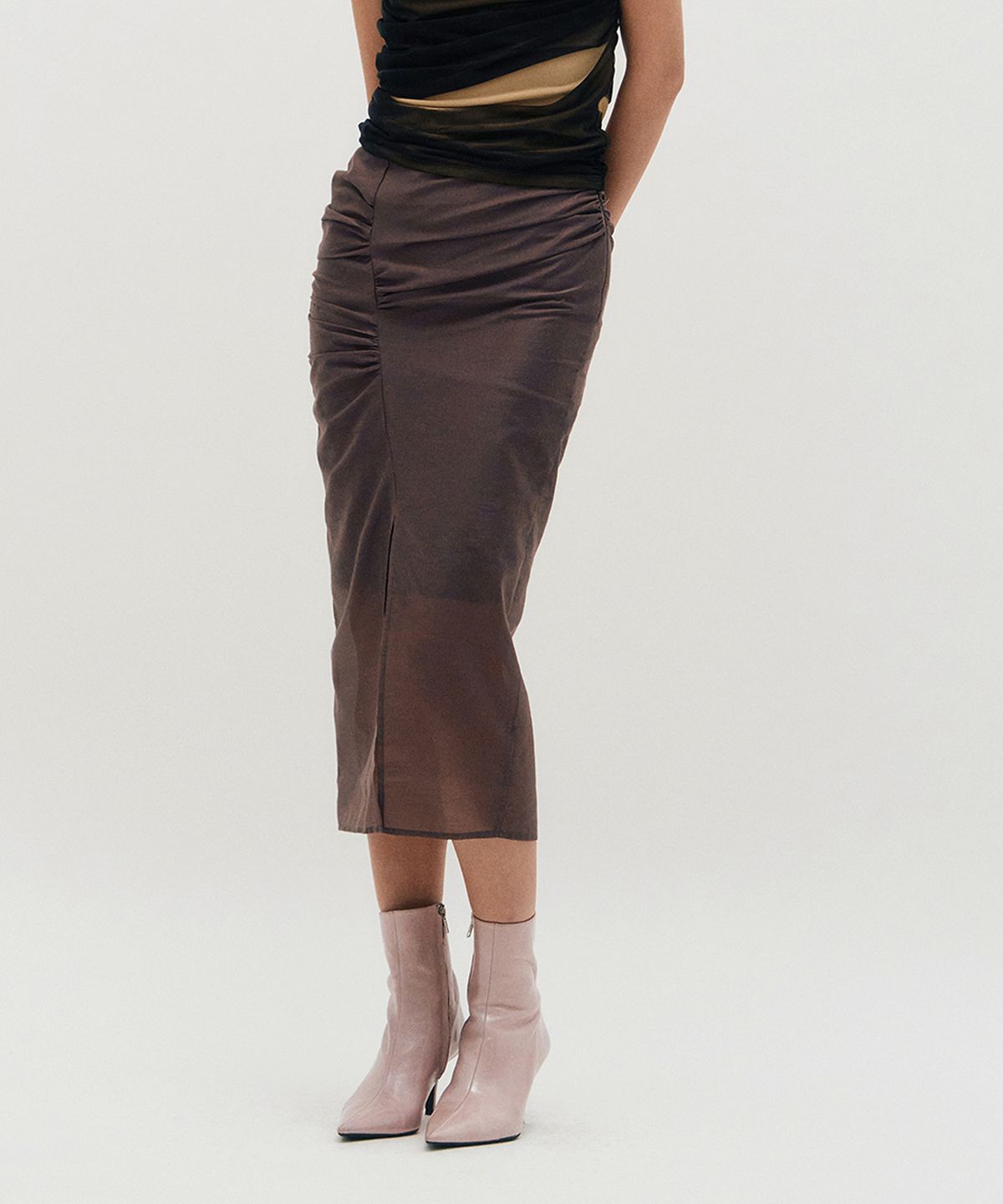킴지수(KIMZISU) Sheer Shirring Slit Skirt _ BROWN