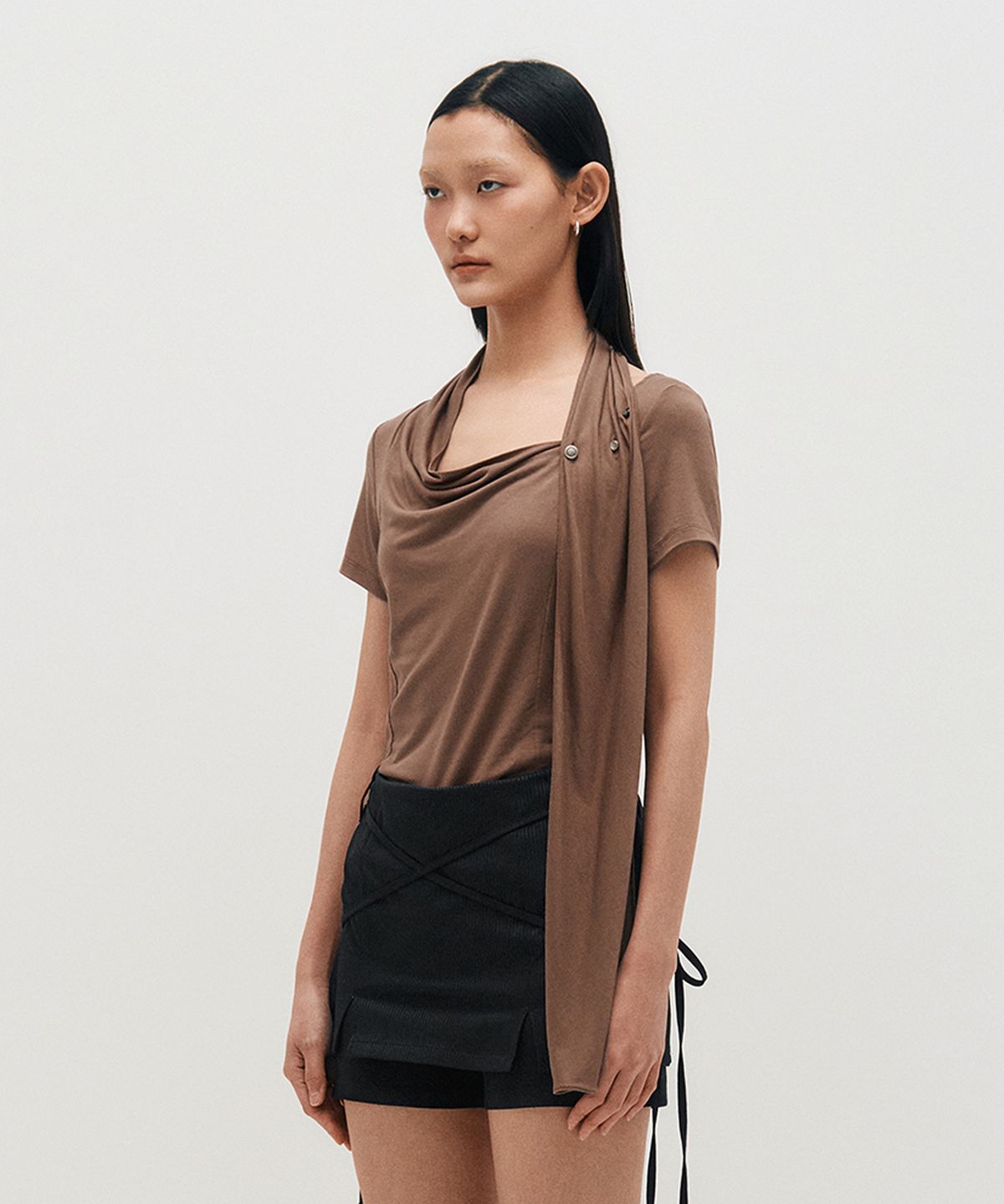 킴지수(KIMZISU) Cowl Neck Scarf T-Shirt _ BROWN