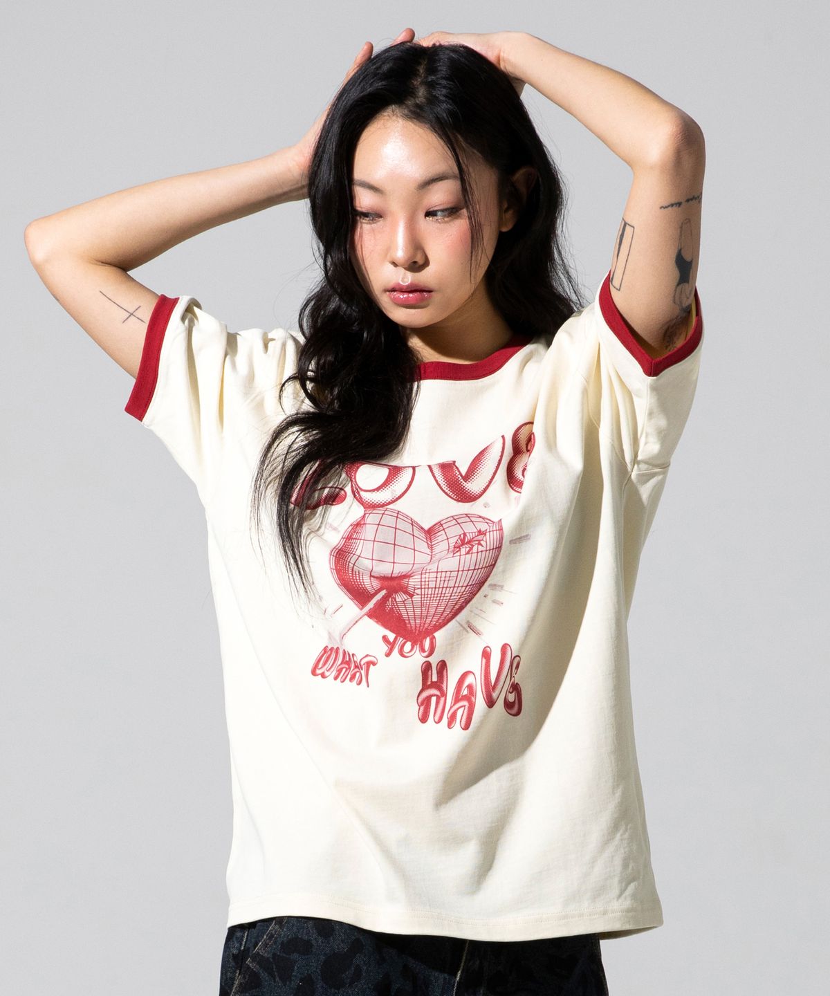 엑스톤즈(XTONZ) XTT137 피어스 베이식 링거 티셔츠 (IVORY)