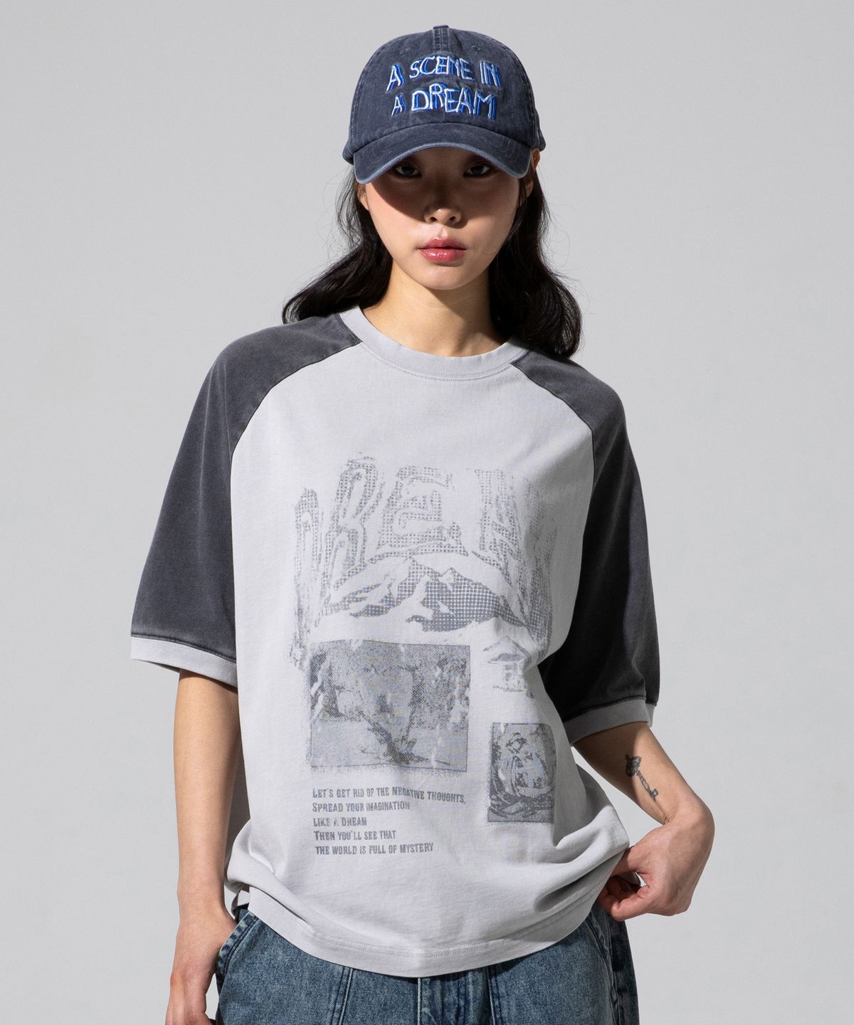 엑스톤즈(XTONZ) XTT138 케이트 페이딩 래글런 티셔츠 (GRAY)